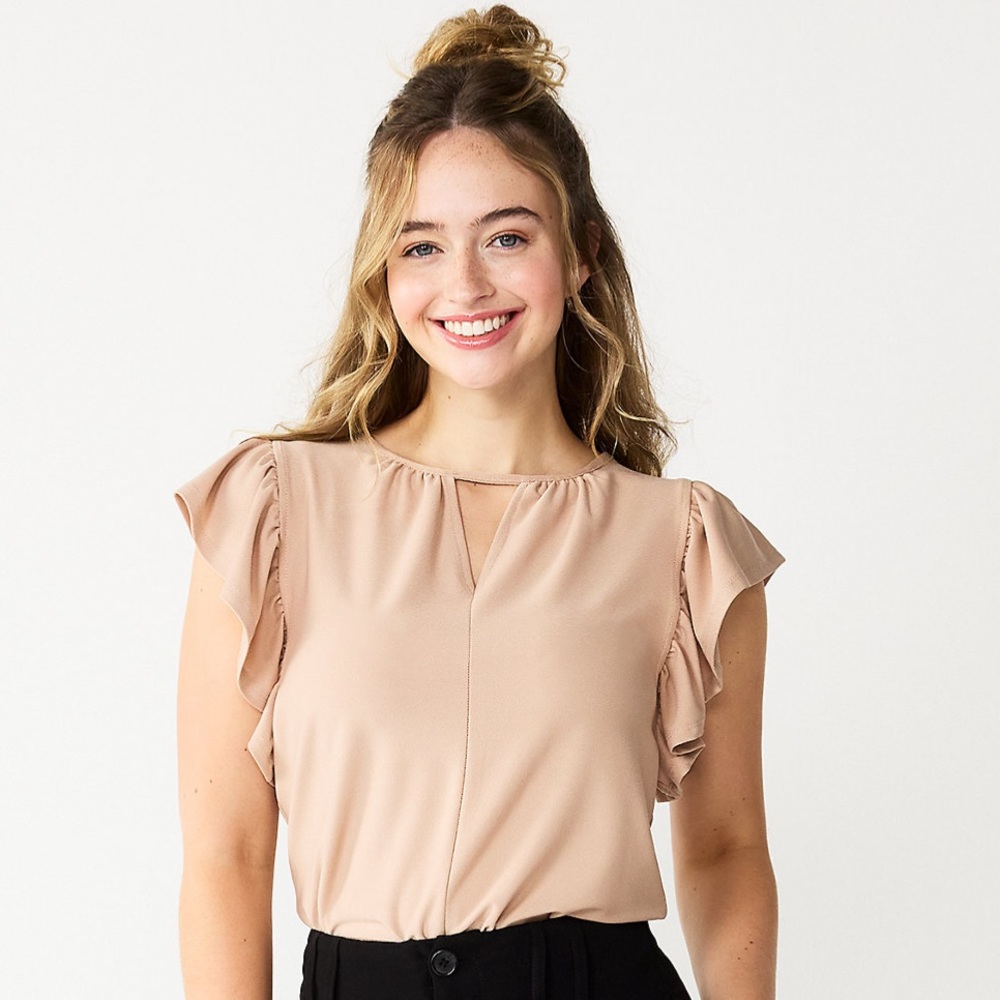 Juniors’ SO Keyhole Flutter Sleeve Top, Beige XL, BNWT